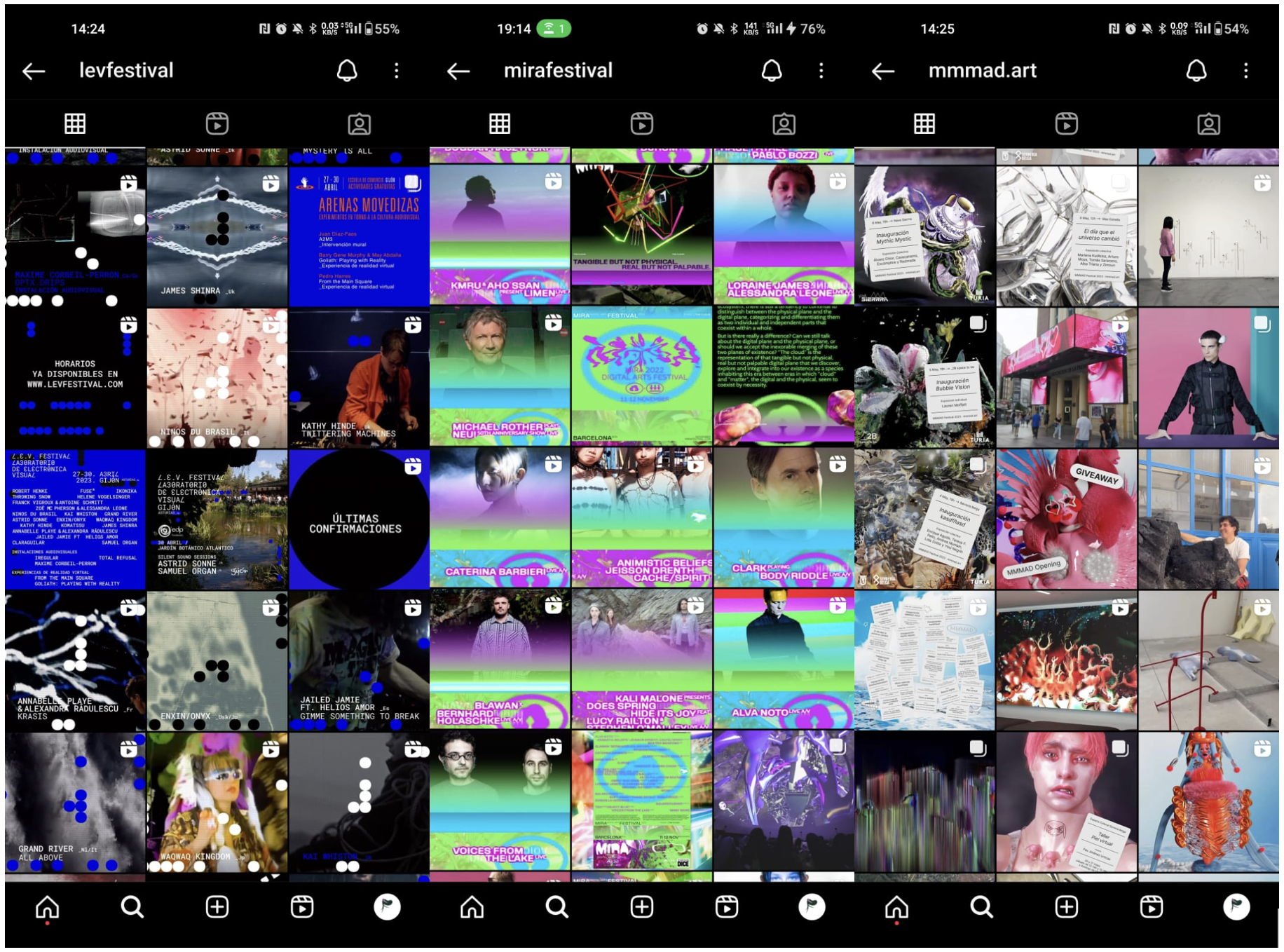 Capturas de pantalla con smartphone del grid de Instagram de las cuentas oficiales de los festivales LEV de Gijón, MIRA de Barcelona y MMMAD de Madrid