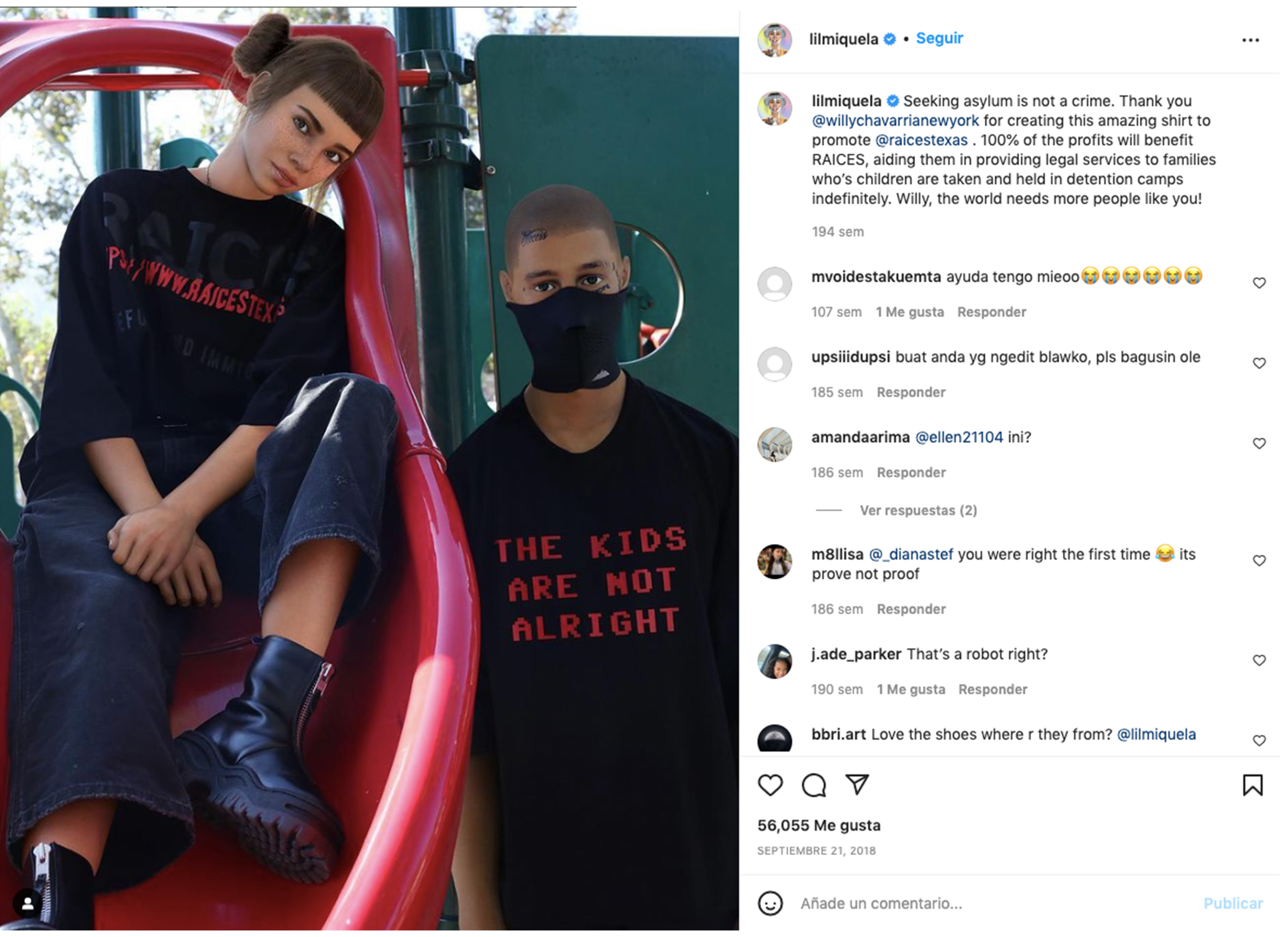 En esta imagen de su Instagram Miquela aparece promocionando un diseñador de camisetas y la organización sin fines de lucro de derechos de los inmigrantes RAICES Texas.