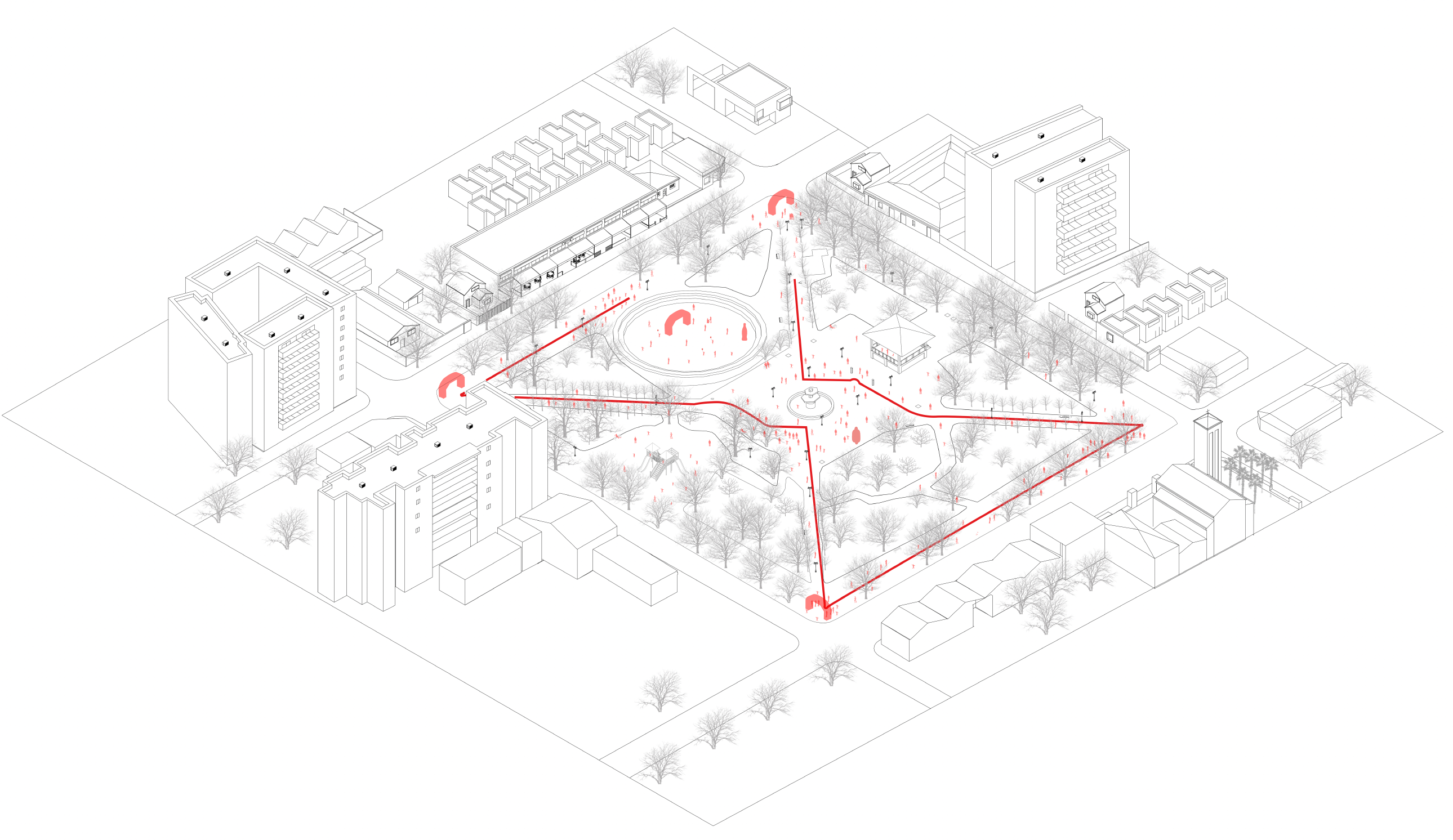 Dibujo isométrico con el emplazamiento espacial de la mesa roja sobre la plaza las Heras de Talca. © Cortesía de Javiera Rojas y Victoria Oyarzún.