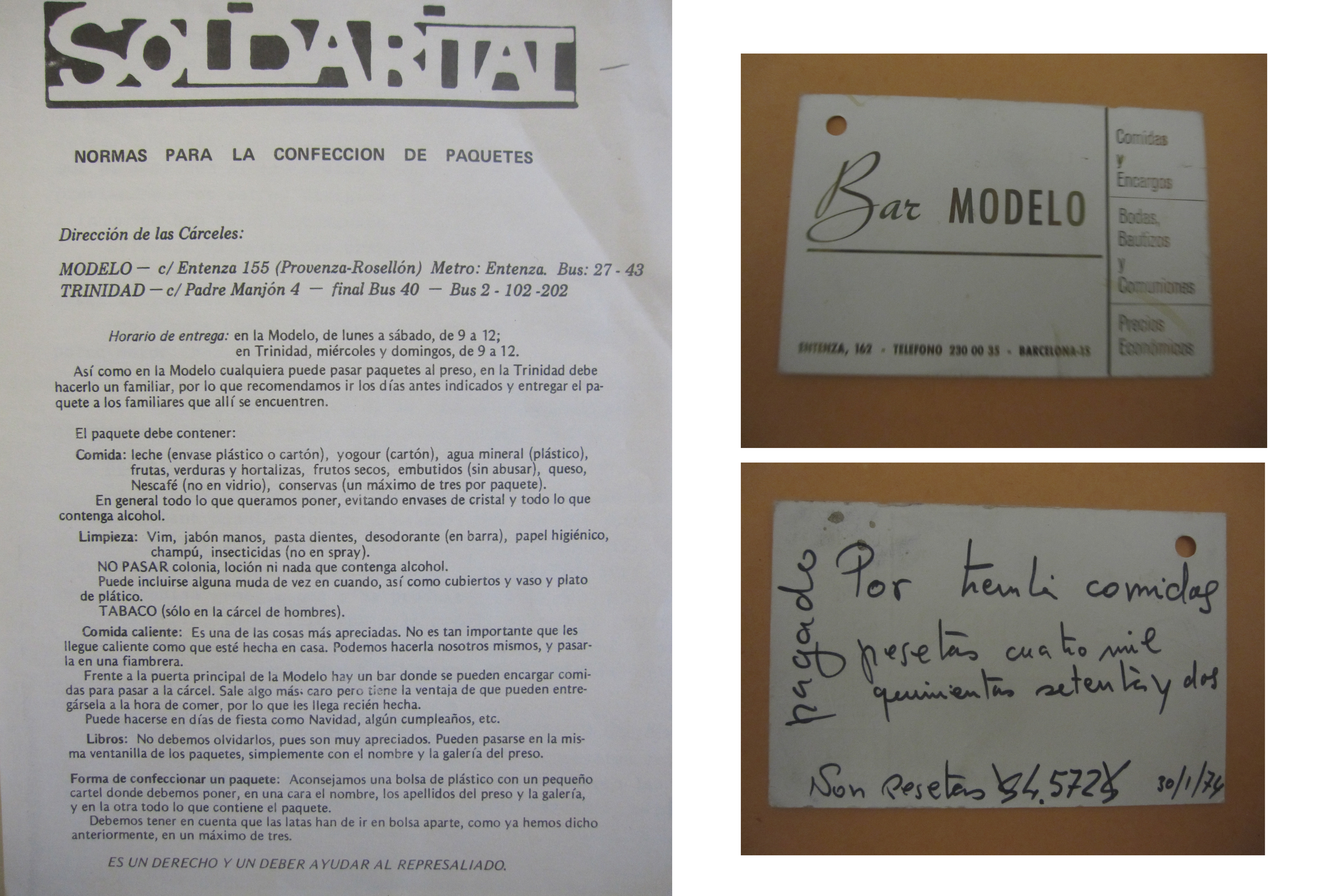 Documento de Solidaritat extraído del fondo CEDOC. Fotografías de la tarjeta del Bar Modelo cortesía de César Lorenzo. Universitat Autònoma de Barcelona: https://webs.uab.cat/cedid/centre-documental-de-la-comunicacio-cedoc/